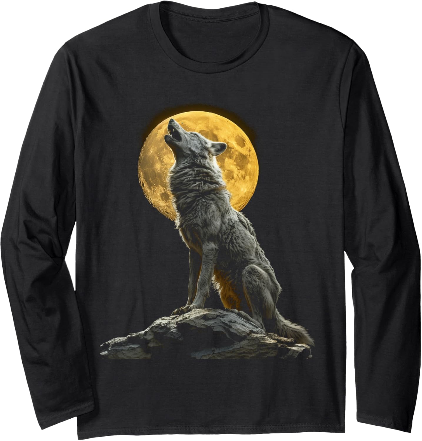 Alpha Wolf Howling Full Moon Mountain Lover Graphic Long Sleeve T-Shirt