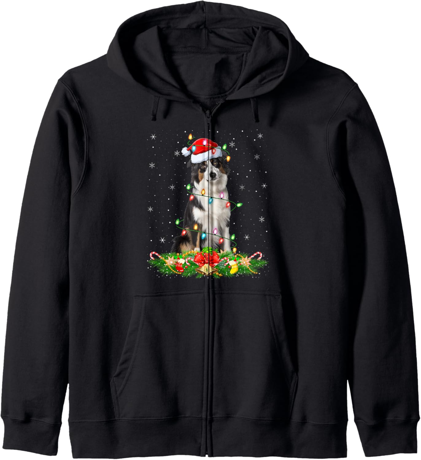 Australian Shepherd Dog Christmas Lights Santa Hat Xmas Zip Hoodie