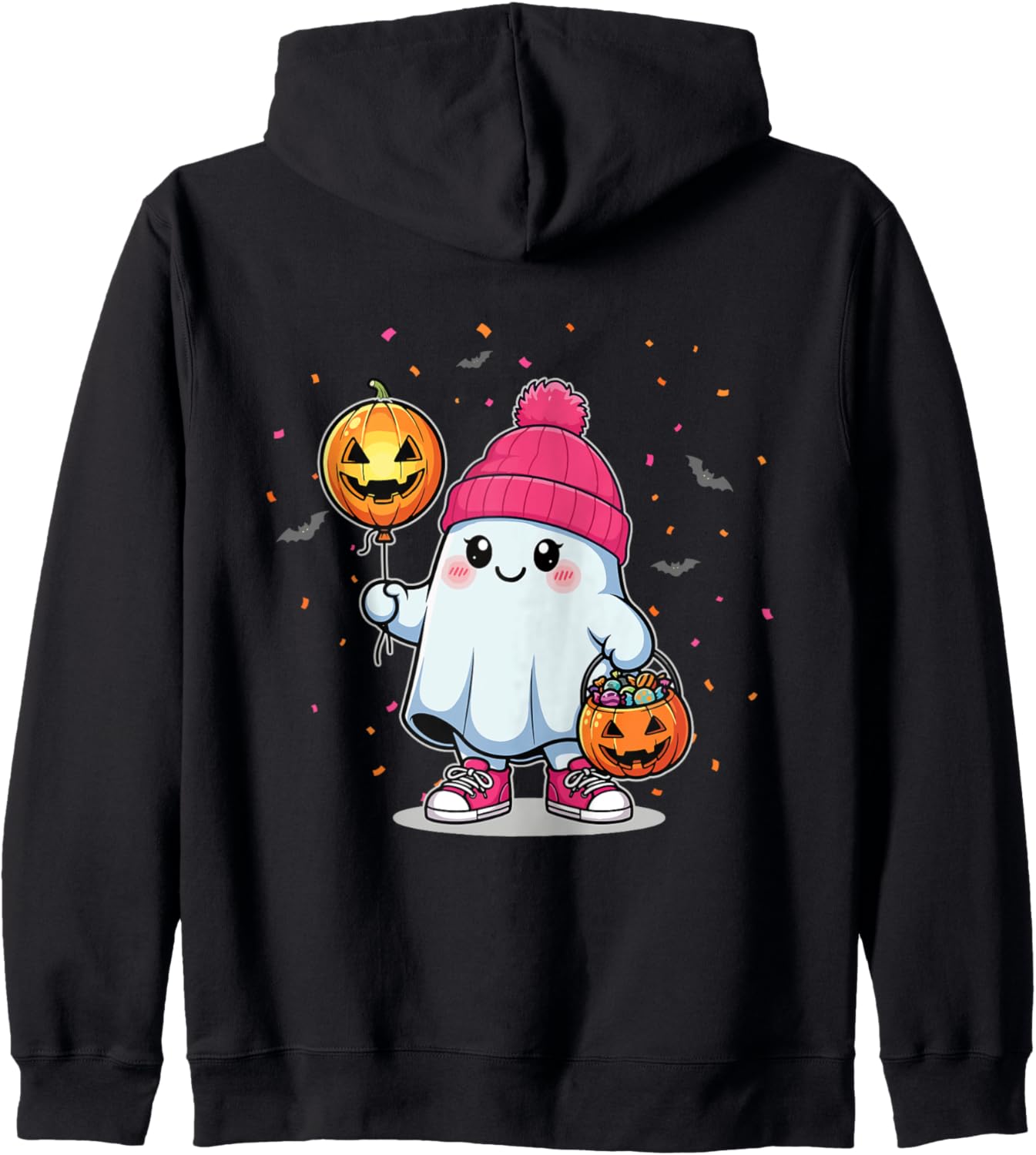 Ghost Holding Candy Trick Or Treating Halloween Pumpkin Zip Hoodie