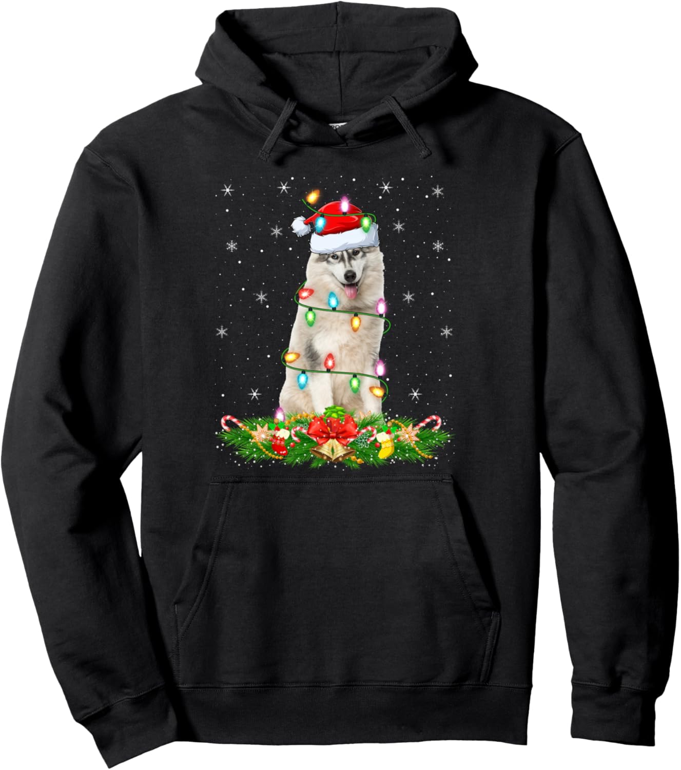 Alaskan Malamute Dog Christmas Lights Funny Santa Hat Xmas Pullover Hoodie