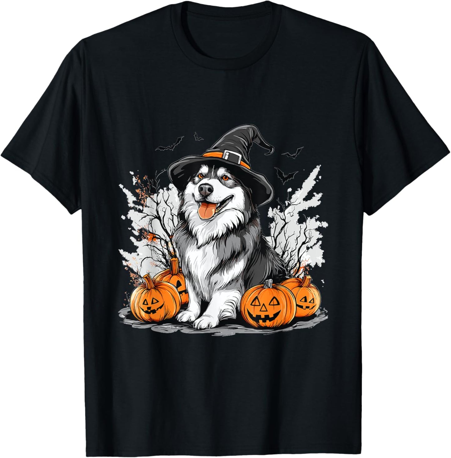 Alaskan Malamute Dog with Whitch Hat Halloween Pumpkin T-Shirt