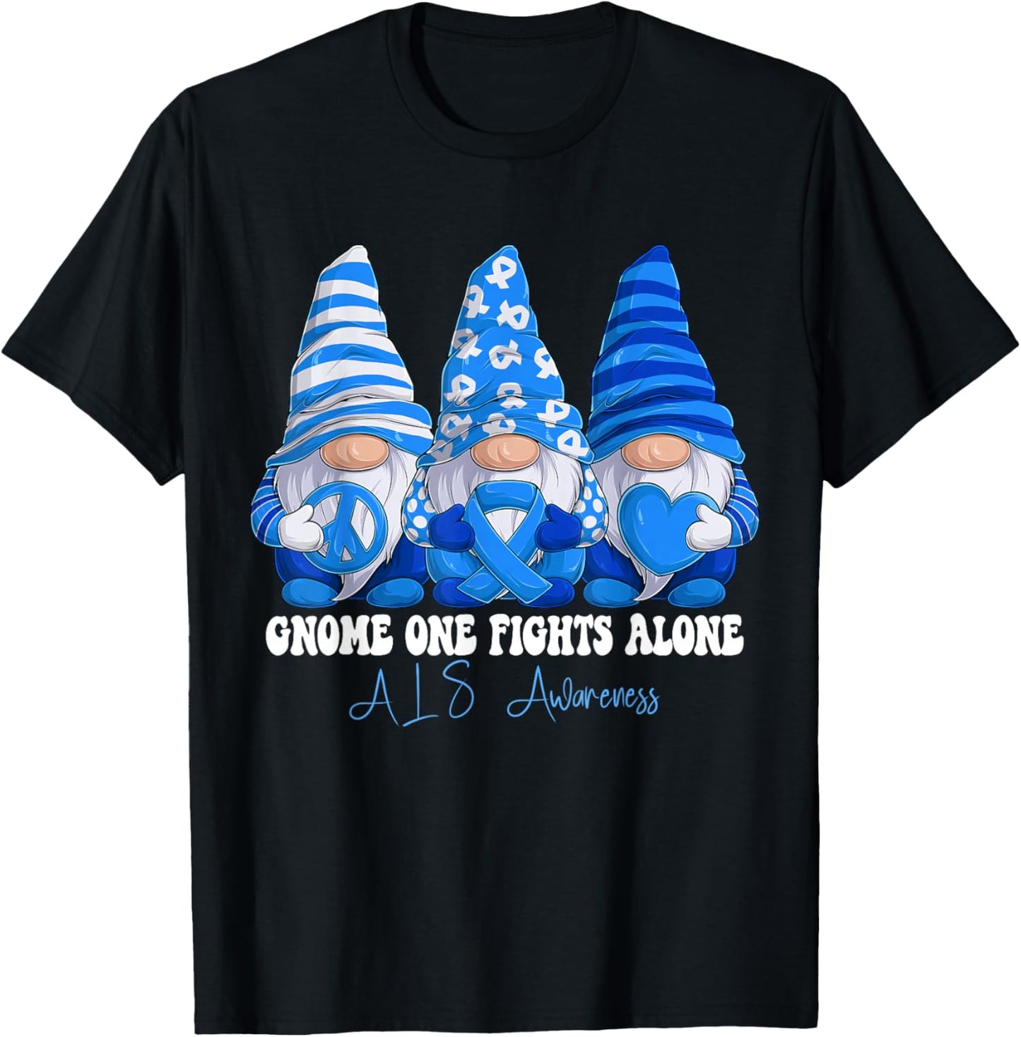 ALS Awareness Month Blue Ribbon Gnomies Support T-Shirt