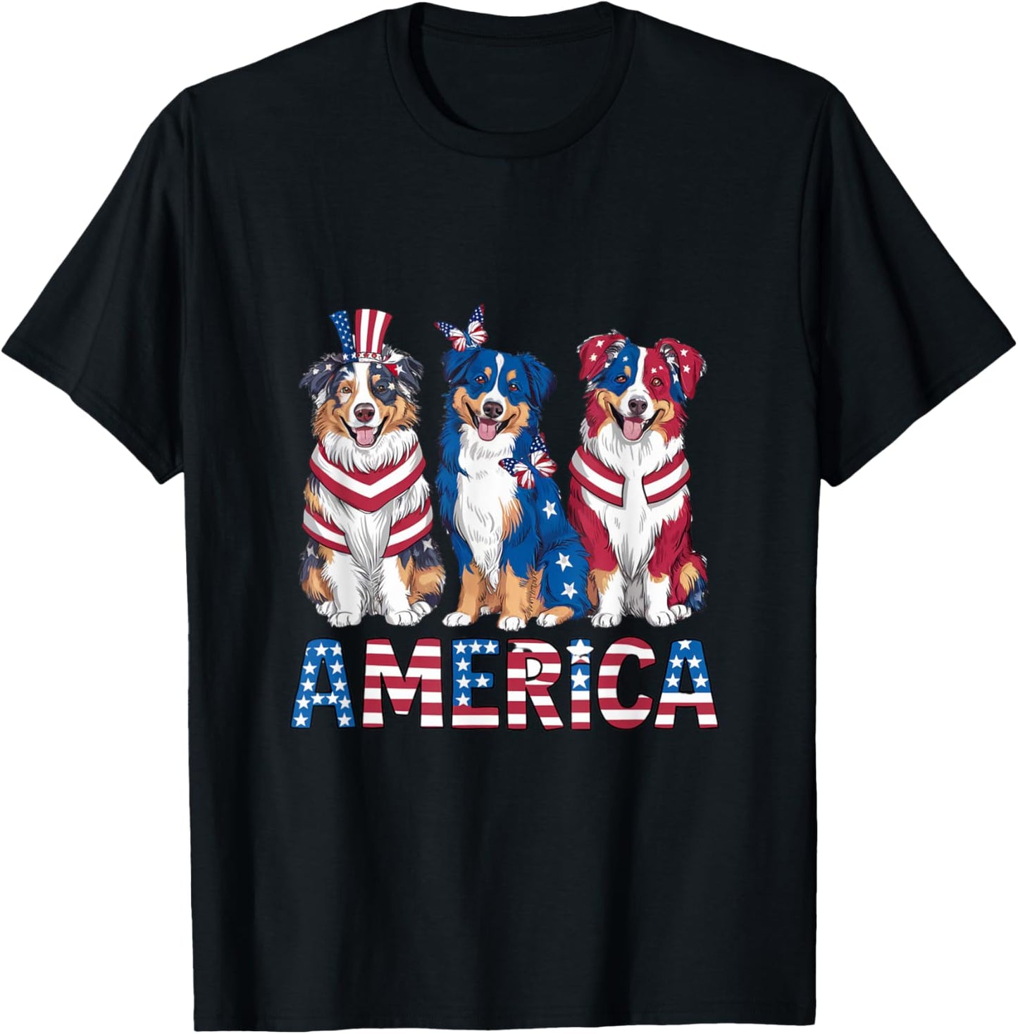 American 4th of July Dog Australian Shepherd T-Shirt for Women Kids Men