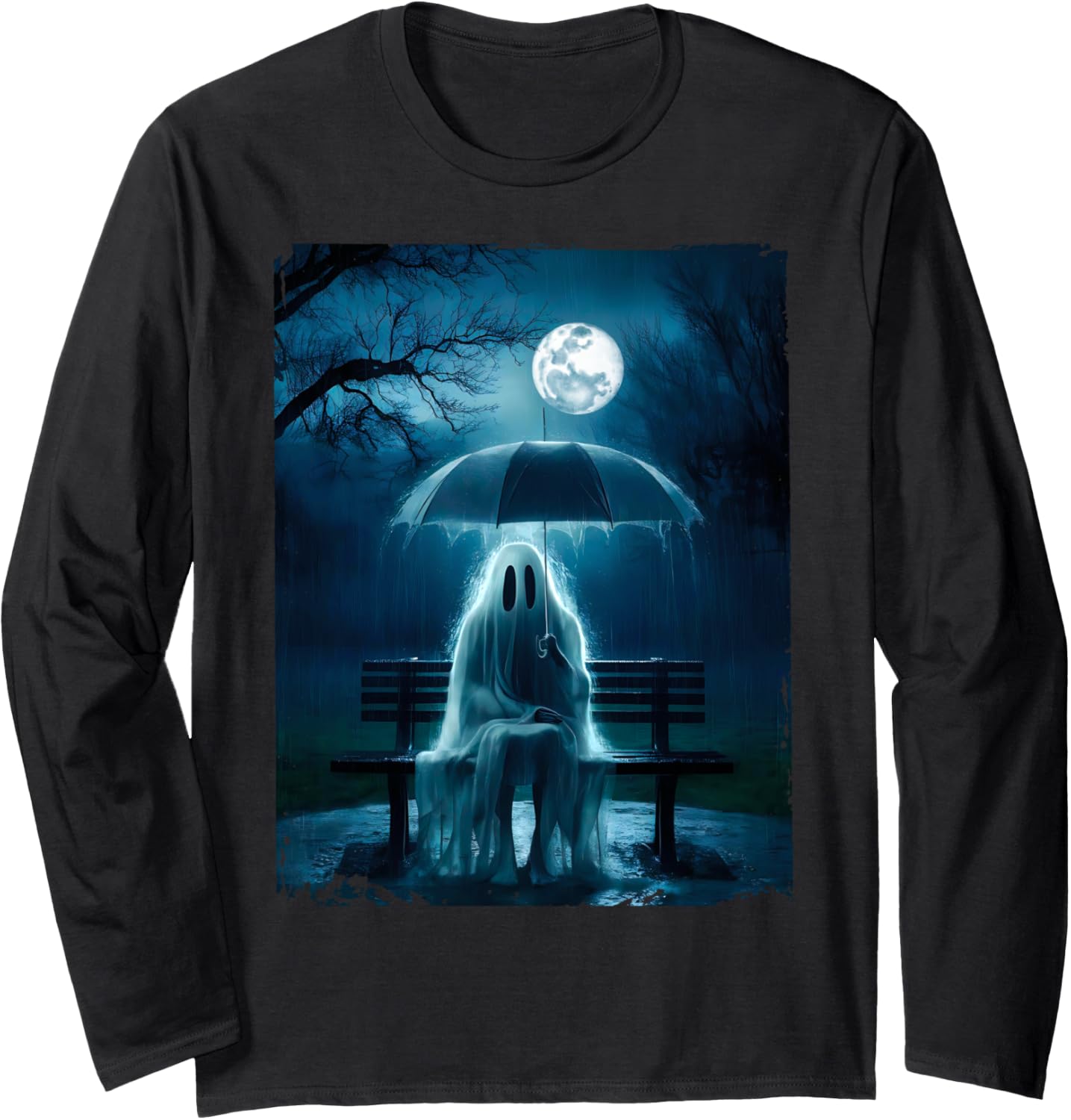 Ghost Holding Umbrella in The Rain Forest Spooky Season Long Sleeve T-Shirt