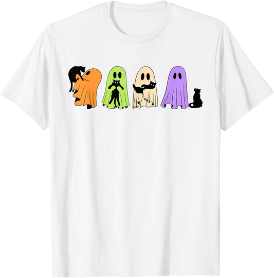 Ghost Holding Black Cat Halloween Spooky Season Women Men T-Shirt