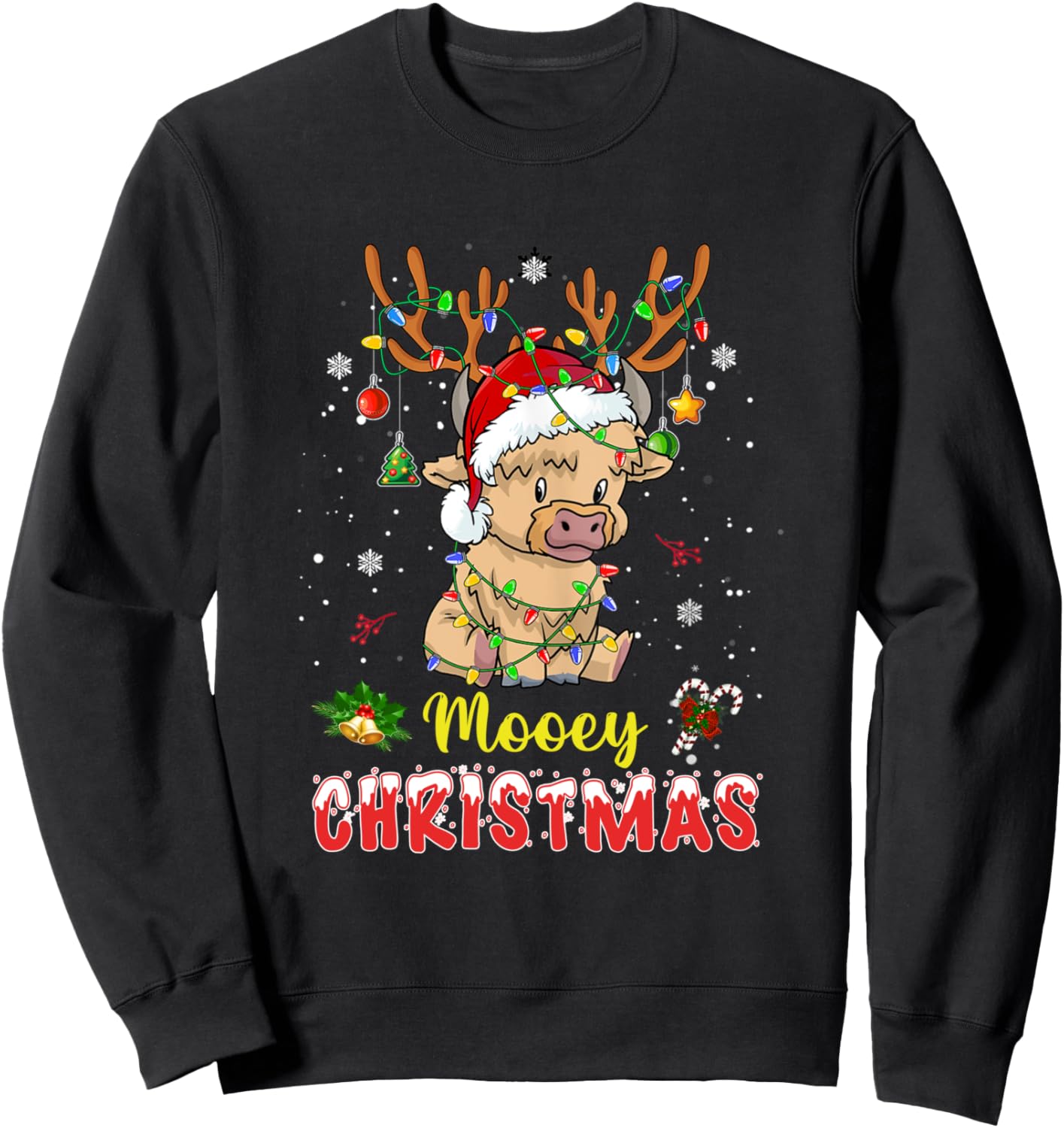 Light Santa Hat Mooey Christmas Tshirt Highland Cow Xmas Sweatshirt