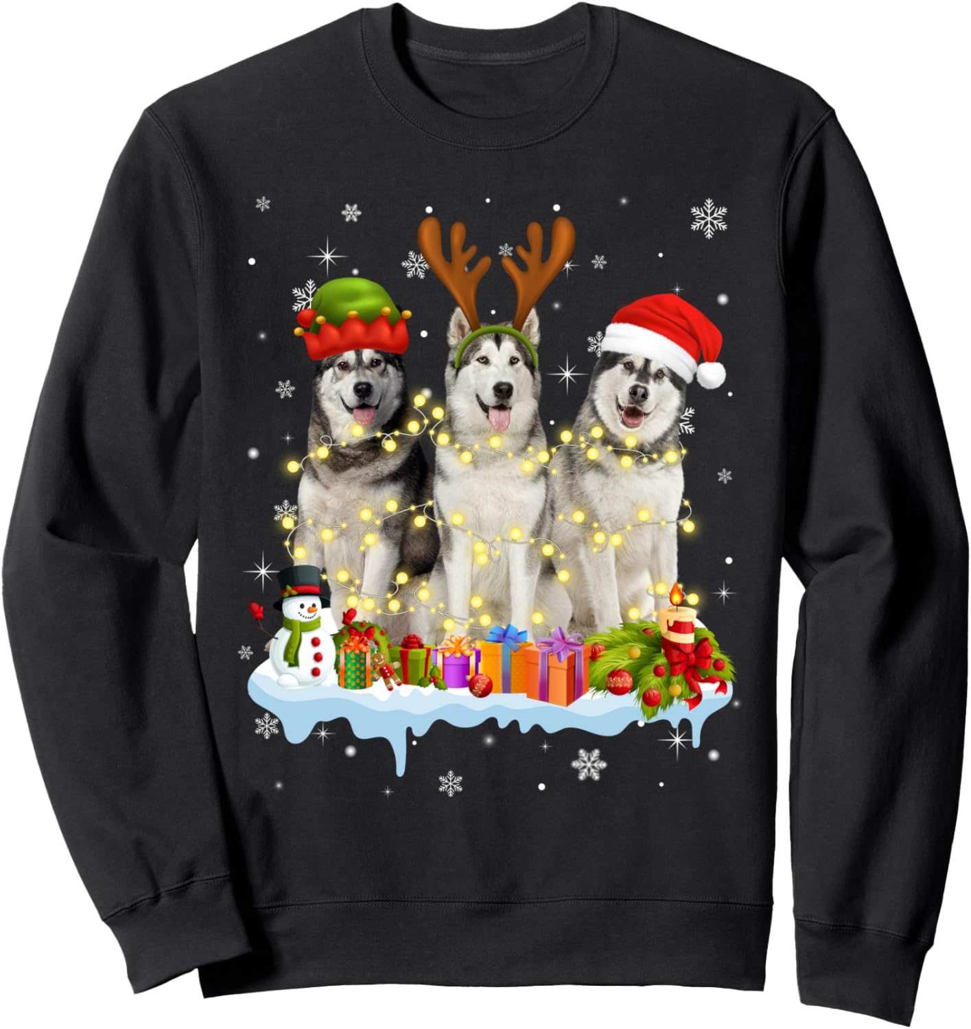 Cute Alaskan Malamute Santa Hat Christmas Light Xmas Sweatshirt