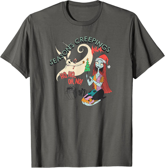 Amazon Essentials Men's Nightmare Before Christmas Sally and Zero Season’s Creepings T-Shirt, Grey Graphic Print, Small