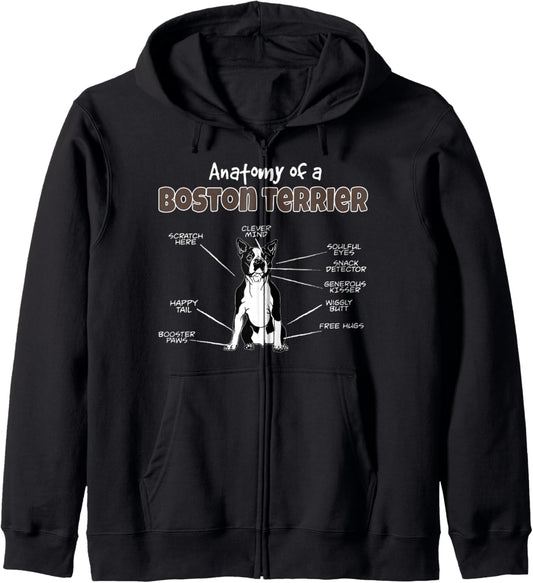 Anatomy of a Boston Terrier for Fur Mama, Papa Loves Dogs Zip Hoodie