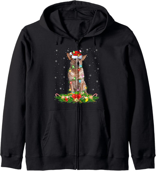 Australian Cattle Dog Christmas Lights Funny Santa Hat Xmas Zip Hoodie