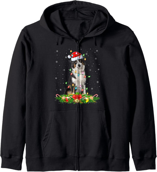Australian Shepherd Dog Christmas Lights Santa Hat Xmas Zip Hoodie