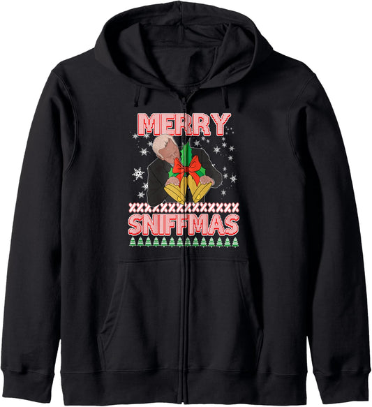 Anti Biden Ugly Christmas Sweater Funny Merry Sniffmas Xmas Zip Hoodie