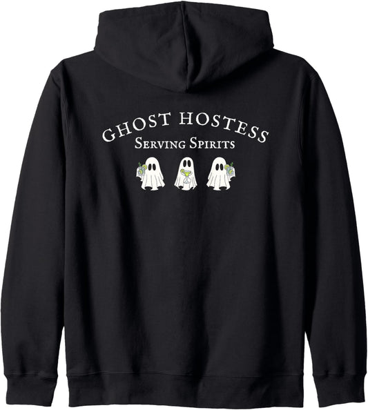 Ghost Hostess Serving Spirits Halloween Ghoul Zip Hoodie