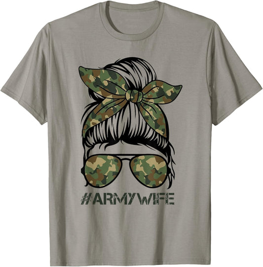 Army Wife Messy Bun Veteran Camouflage Bandana Sunglasses T-Shirt