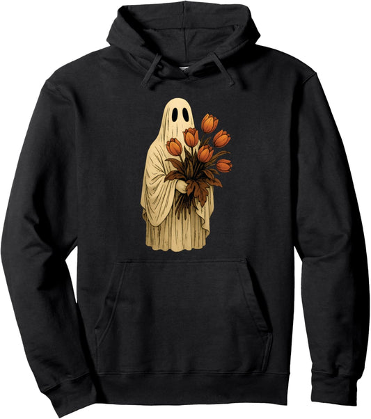 Ghost Holding Tulip Flowers Vintage Spooky Cute Halloween Pullover Hoodie