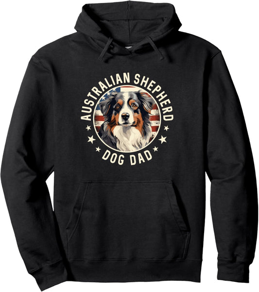 Aussie Dog American Flag, Australian Shepherd Dog Dad Pullover Hoodie