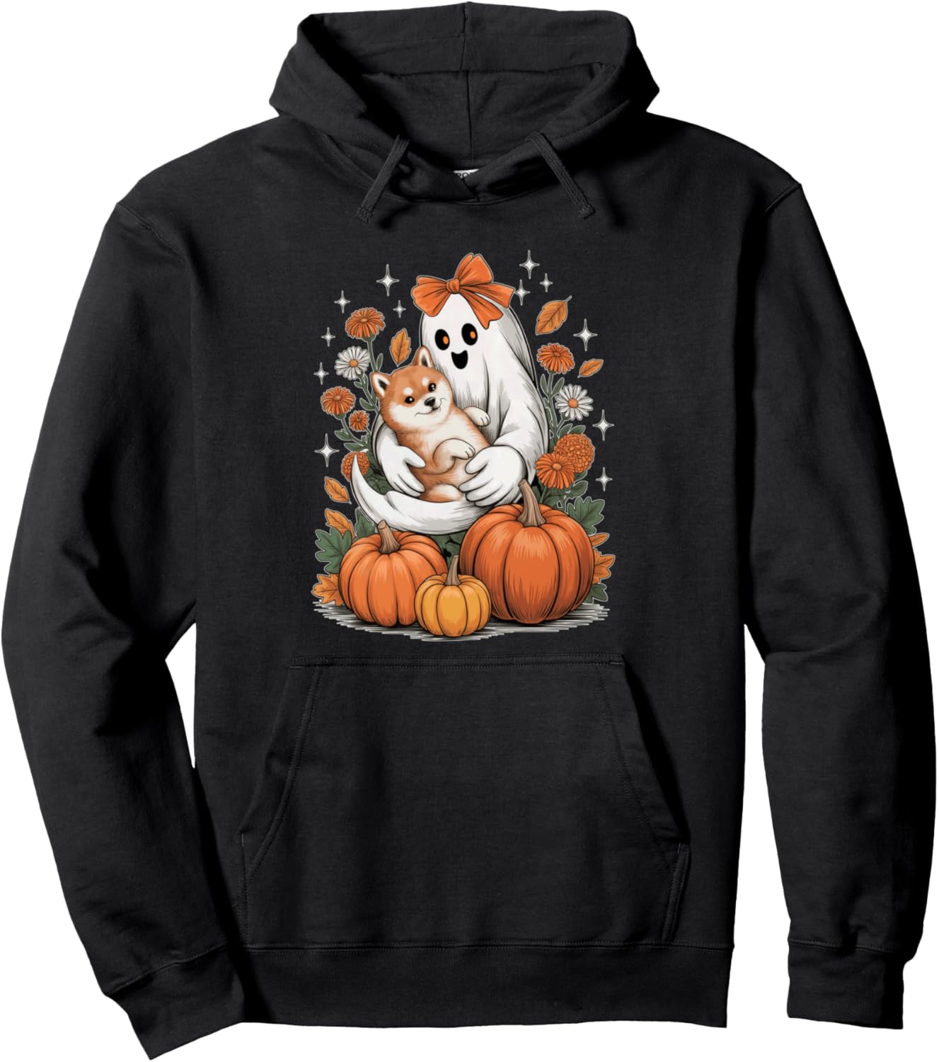 Ghost Holding Shiba Inu Dog Groovy Floral Vintage Halloween Pullover Hoodie
