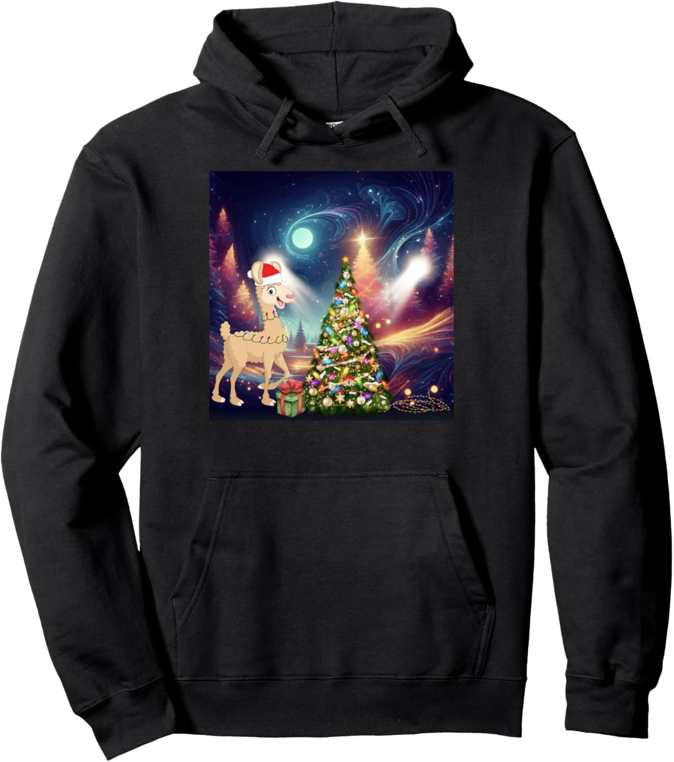 Alpaca Christmas Tee Starry Night Van Gogh Santa Hat Xmas Pullover Hoodie