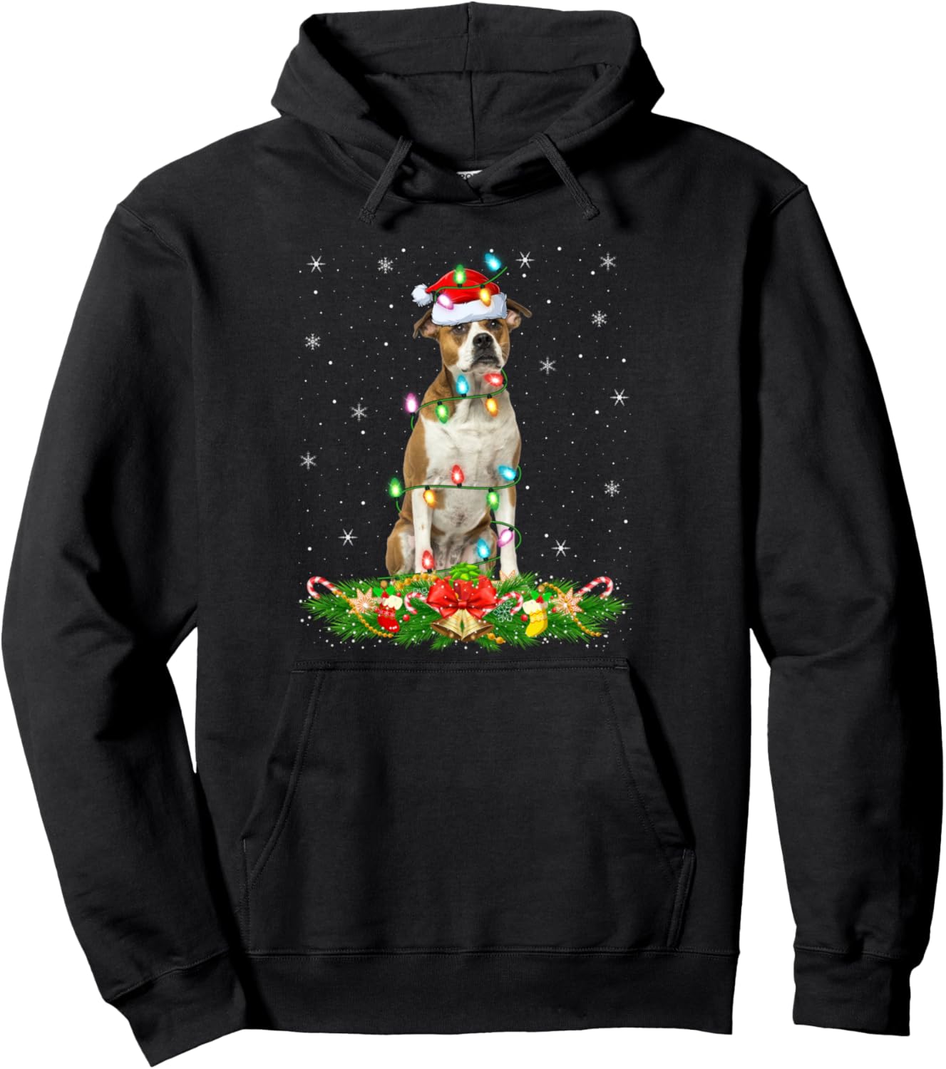 American Bulldog Christmas Lights Funny Santa Hat Xmas Pullover Hoodie