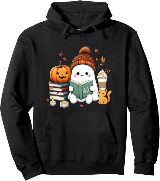 Adorable Ghost Reading Cozy Autumn Beanie Bookworm Halloween Pullover Hoodie