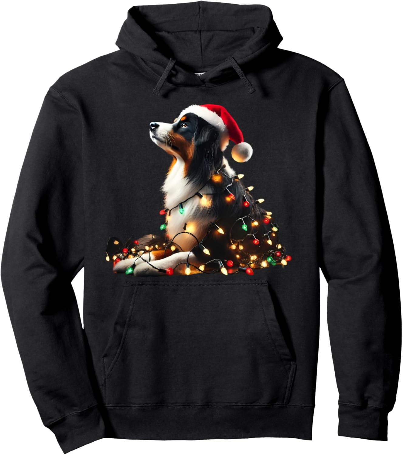 Australian Shepherd With Santa Hat And Christmas Lights Dog Pullover Hoodie