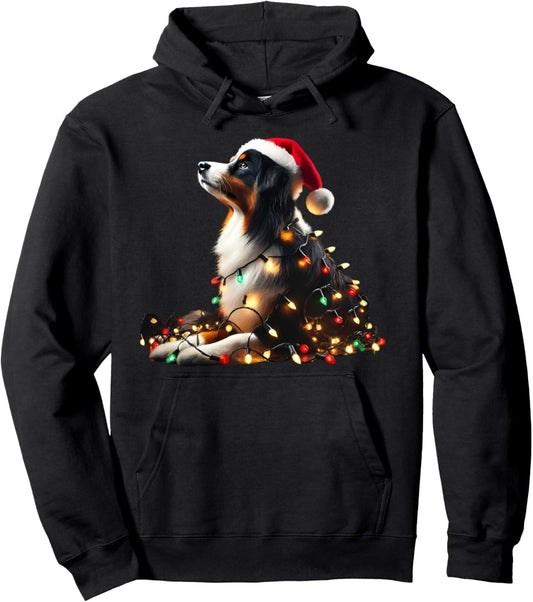Australian Shepherd With Santa Hat And Christmas Lights Dog Pullover Hoodie