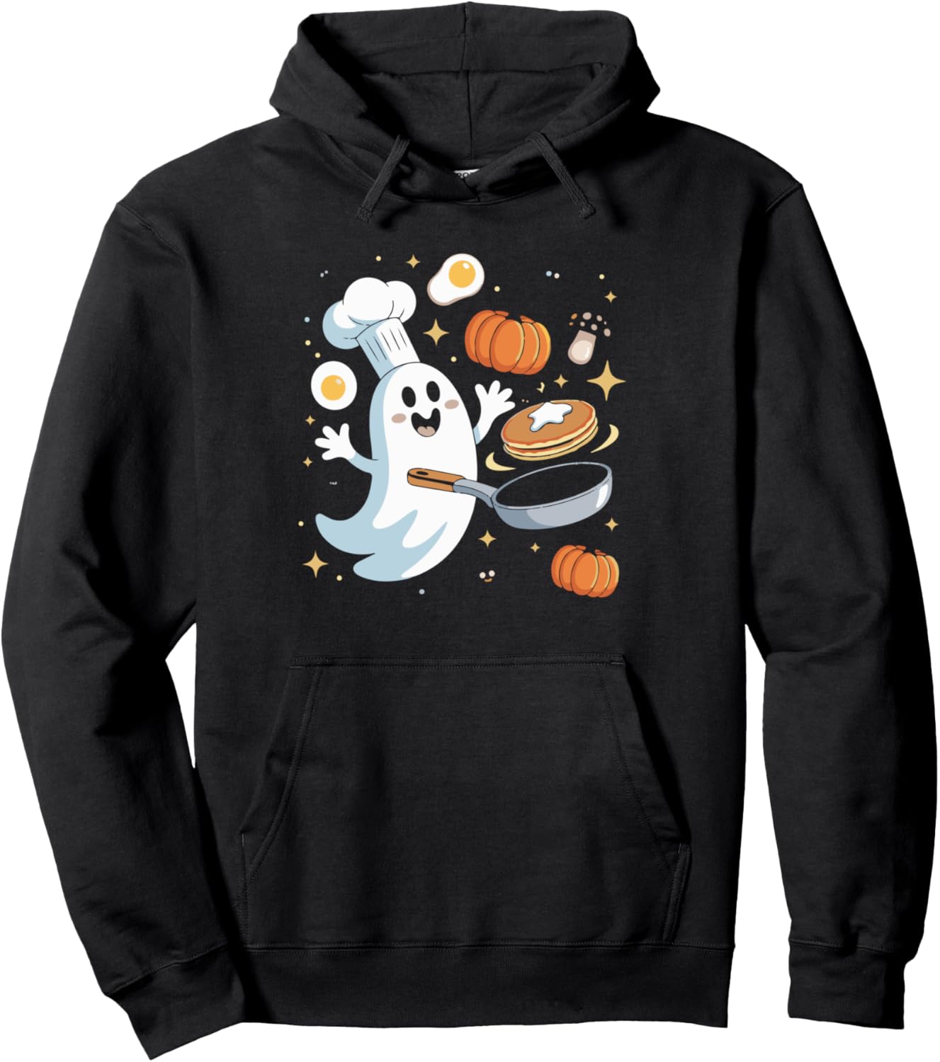 Adorable Pancake Flipping Ghost Chef In Halloween Style Men Pullover Hoodie