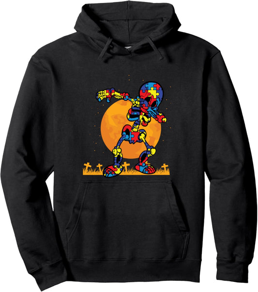 Autism Puzzle Dabbing Skeleton Autism Awareness Halloween Pullover Hoodie