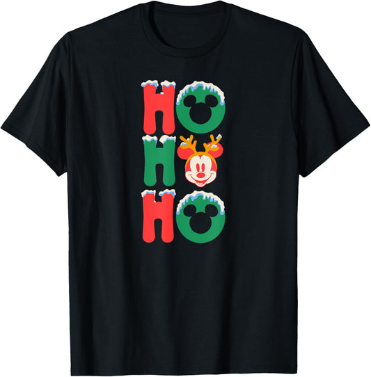 Amazon Essentials Men's Mickey Mouse Ho Ho Ho Snowy Christmas Antlers T-Shirt, Black Graphic Print, Small