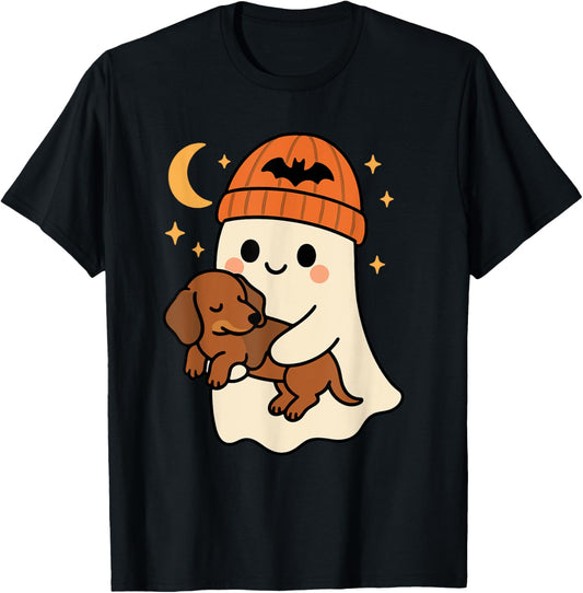 Ghost Holding Dachshund Halloween Cute Dog Lover T-Shirt