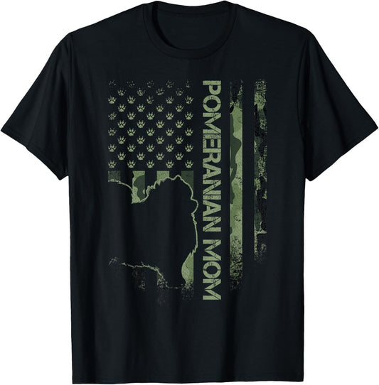 American Camo Flag Proud Pomeranian Dog Mom Pom Silhouette T-Shirt for Men Women