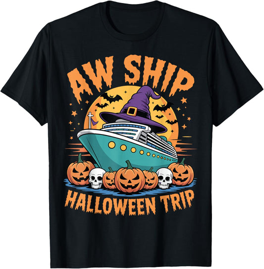 Aw Ship Halloween Cruise Spooky Travel Matching Trip Pumpkin T-Shirt