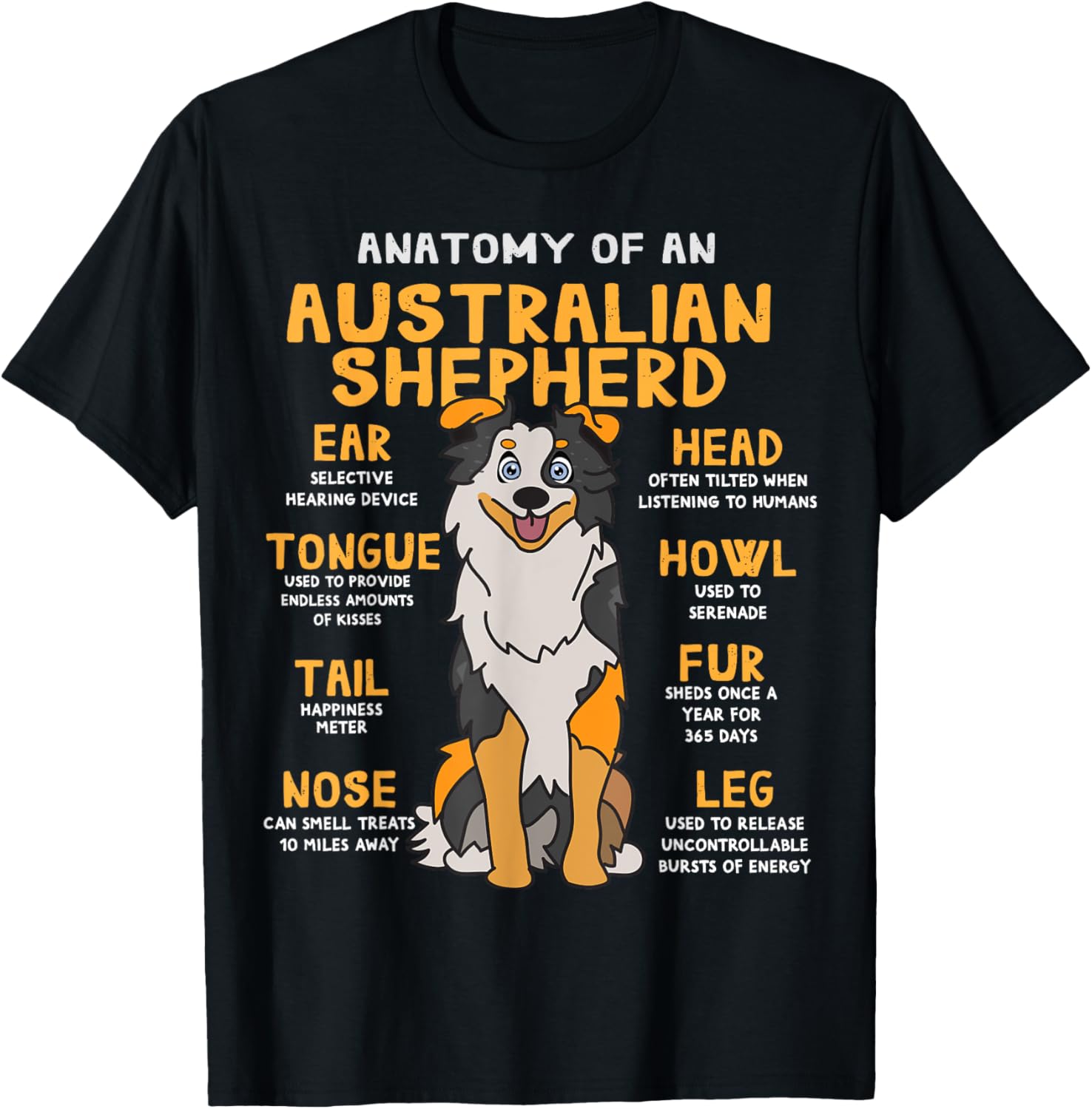 Australian Shepherd Anatomy Funny Dog Mom Dad T-Shirt for Men Women Girls Kids
