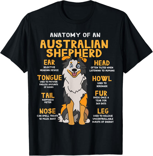 Australian Shepherd Anatomy Funny Dog Mom Dad T-Shirt for Men Women Girls Kids