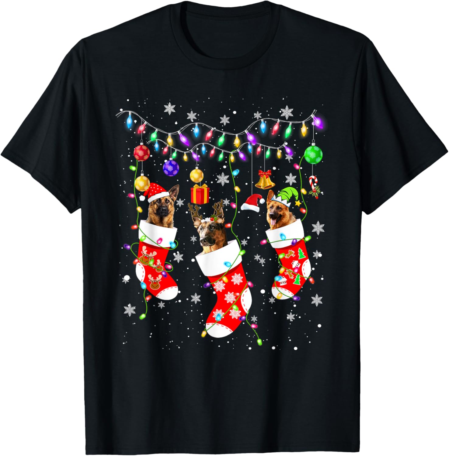 German shepherd In Socks Christmas Santa Hat Xmas Light Dog T-Shirt