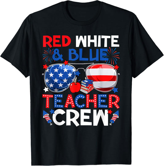 4th Of July Red White &amp; Teacher Crew American Flag T-Shirt for Women Men