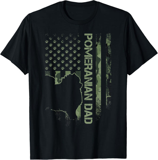 American Camo Flag Proud Pomeranian Dog Dad Pom Silhouette T-Shirt