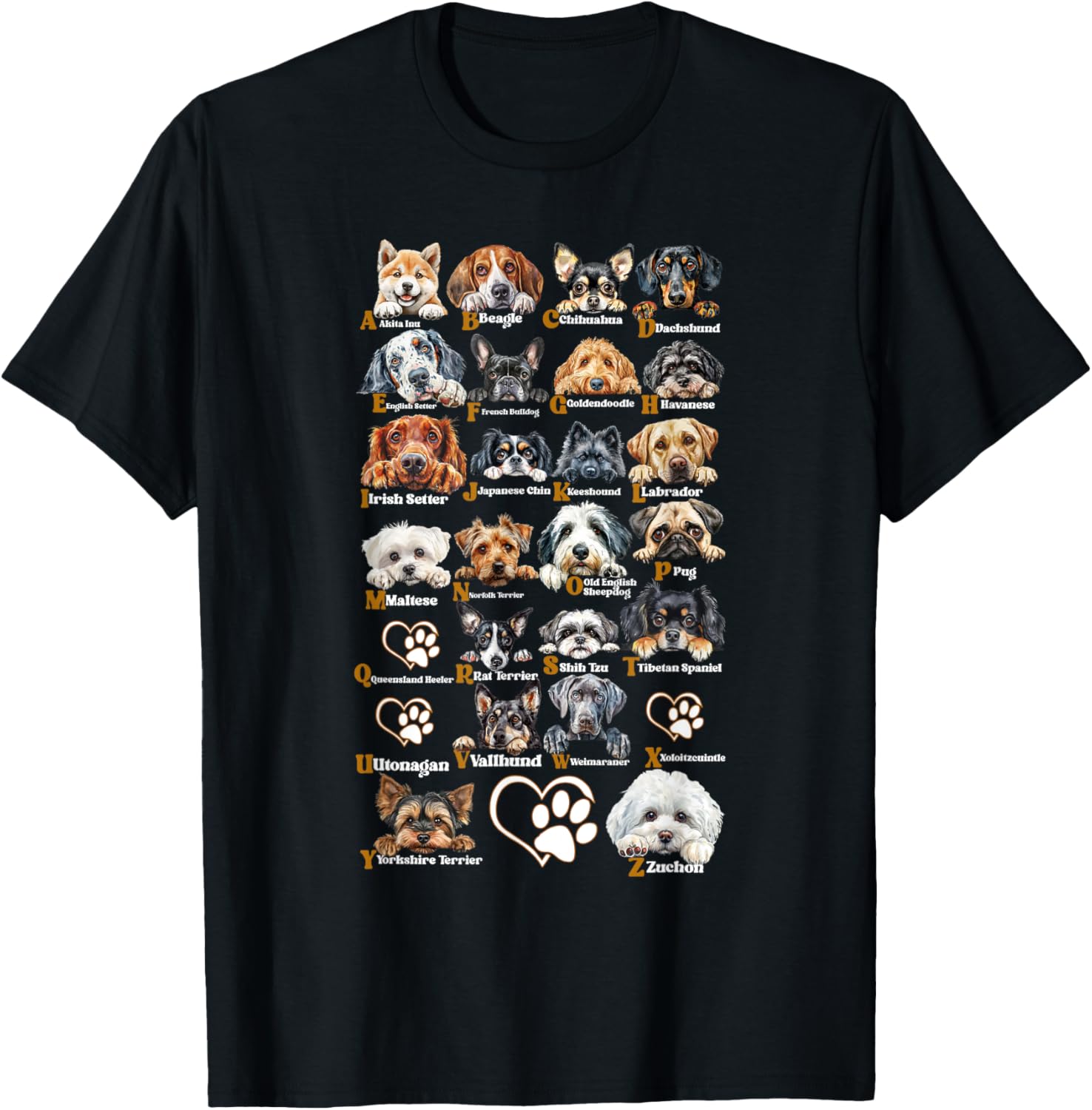 ABC Dog Breeds Identification A-Z Types of Dogs Canine T-Shirt for Men Women Kids