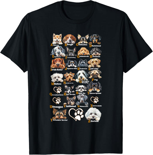 ABC Dog Breeds Identification A-Z Types of Dogs Canine T-Shirt for Men Women Kids