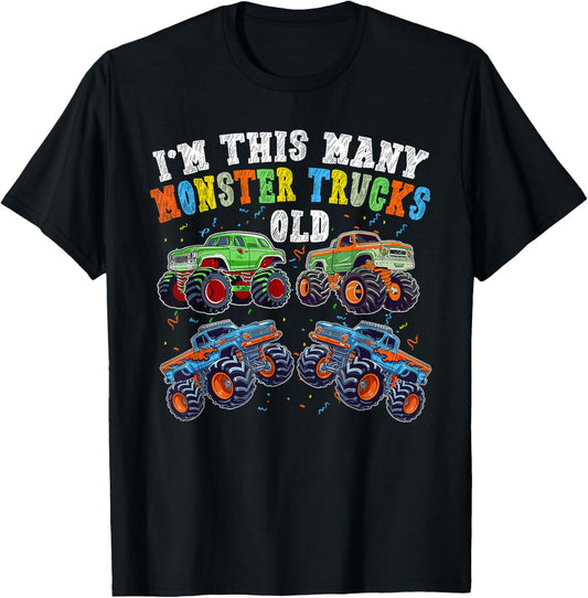 4th Birthday 4 Years Old - I'm This Many Monster Trucks Old T-Shirt