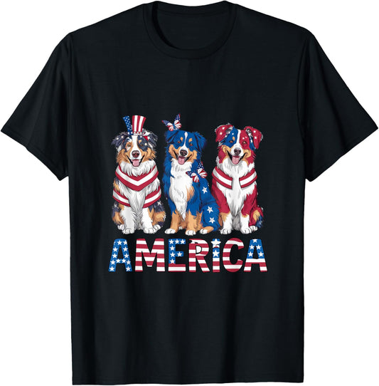 American 4th of July Dog Australian Shepherd T-Shirt for Women Kids Men