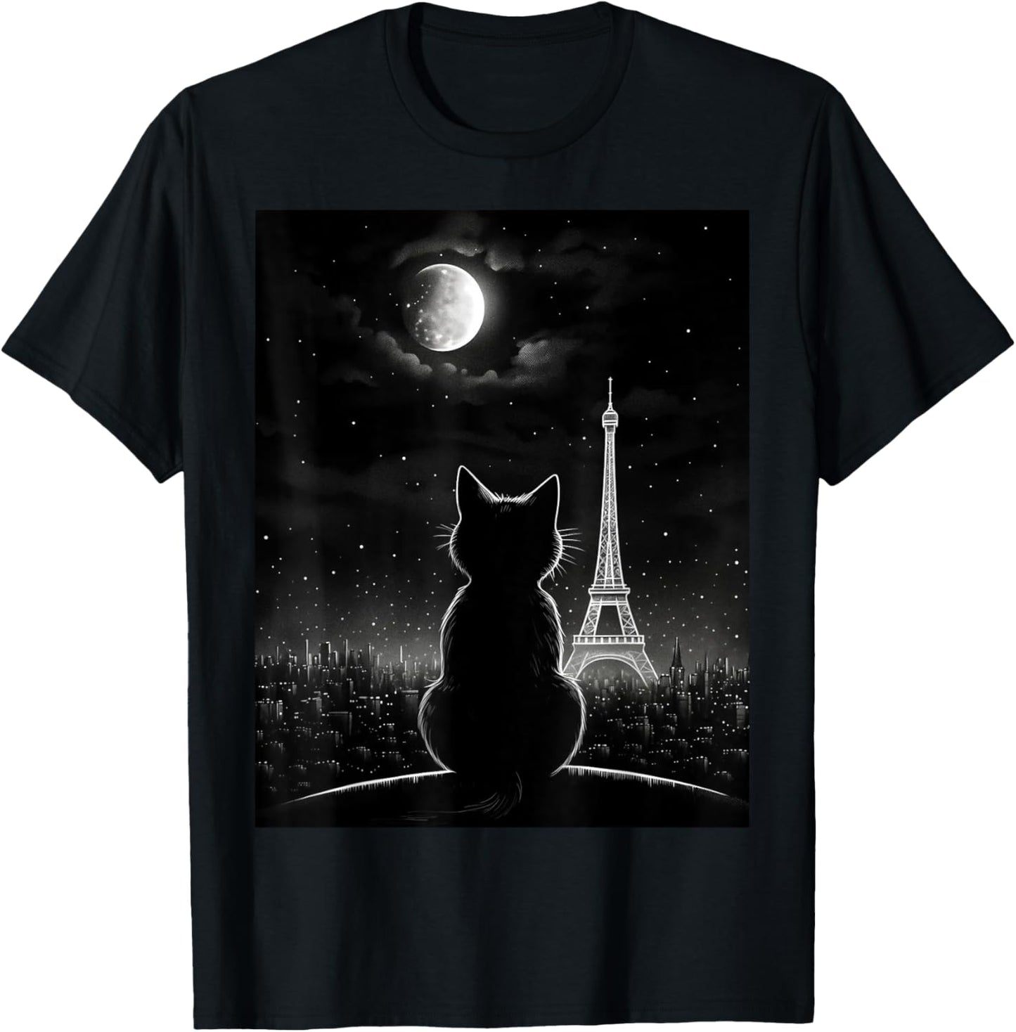 Aesthetic Black Cat Star Night Eiffel Tower In Paris T-Shirt