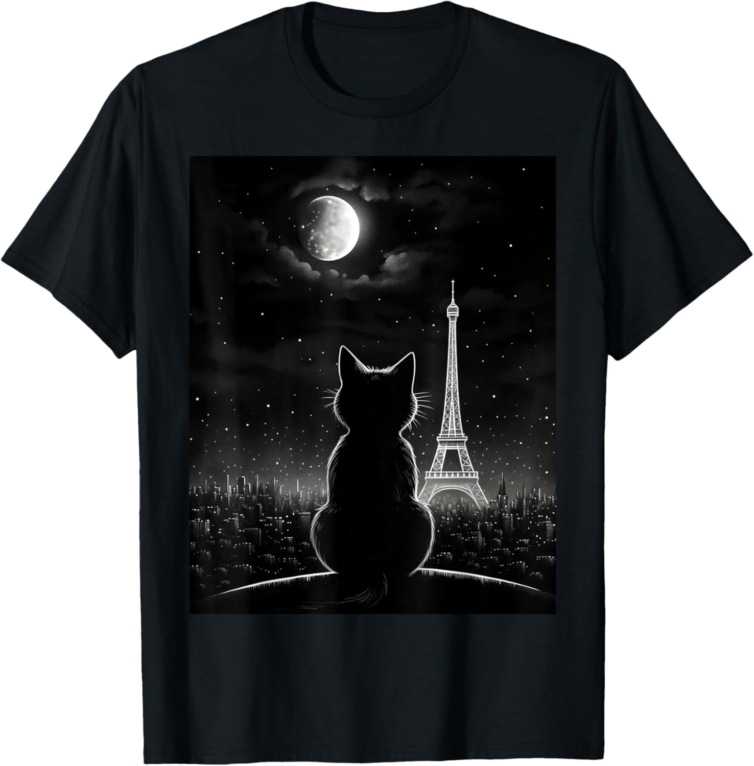 Aesthetic Black Cat Star Night Eiffel Tower In Paris T-Shirt