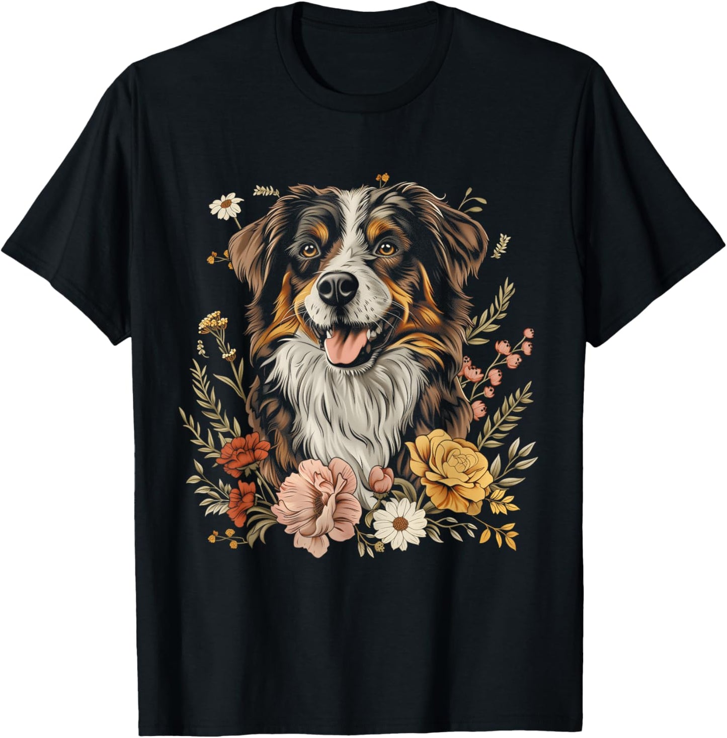 Australian Shepherd Dog Flowers Vintage Aussie Mom T-Shirt