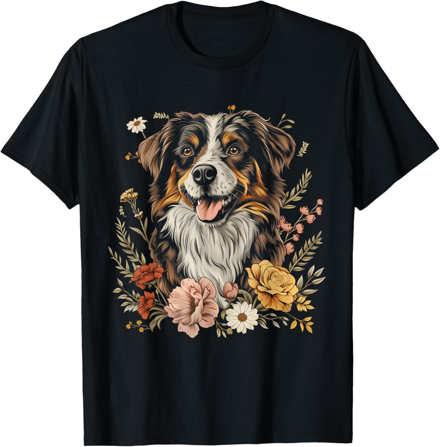 Australian Shepherd Dog Flowers Vintage Aussie Mom T-Shirt