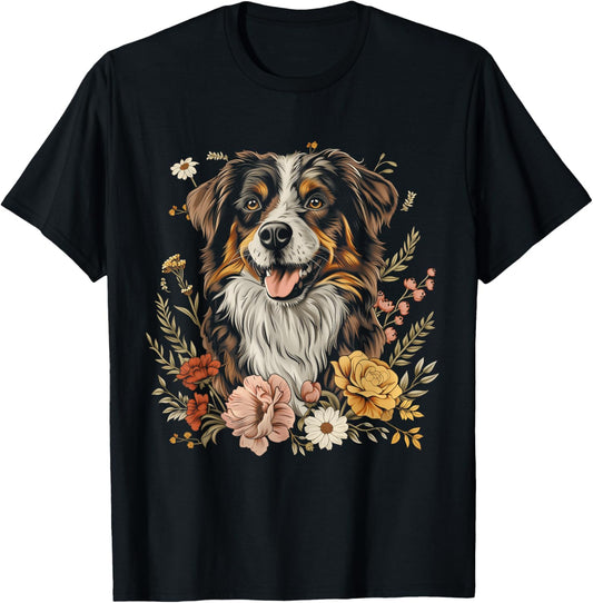 Australian Shepherd Dog Flowers Vintage Aussie Mom T-Shirt
