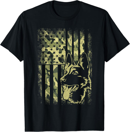 German Shepherd Dog Dad Camouflage American Flag T-Shirt