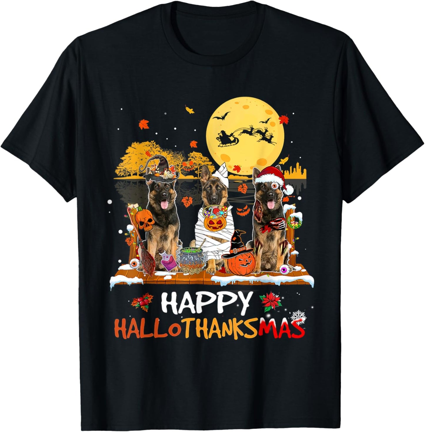 German Shepherd Happy Hallothanksmas Halloween Thanksgiving T-Shirt