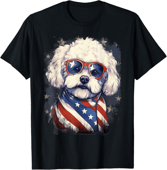 4th Of July US Flag Bichon Frise Dog T-Shirt for Women Kids Men