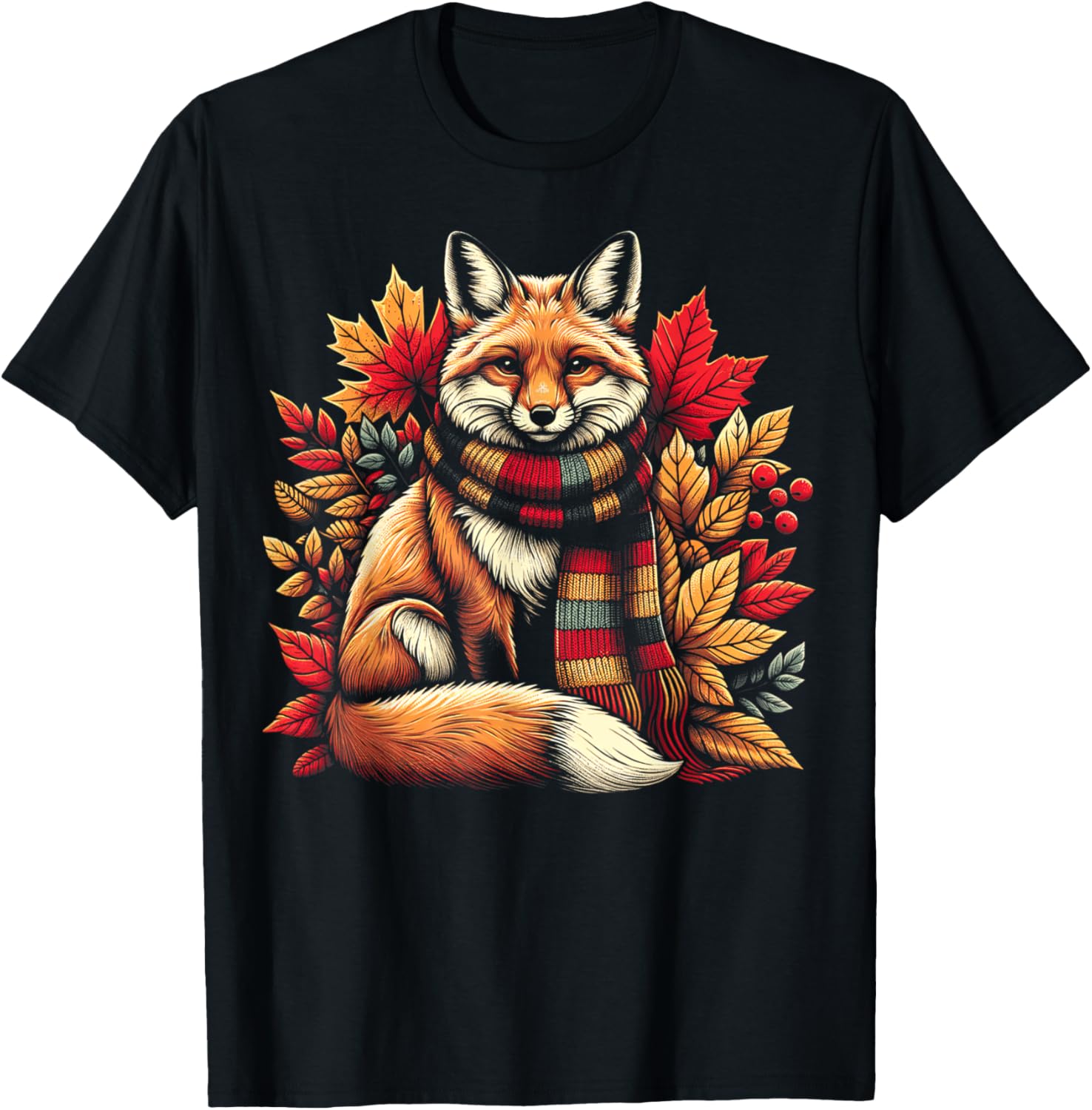 Autumn Fox Fall Leaves Cozy Seasonal Vibes Thanksgiving T-Shirt